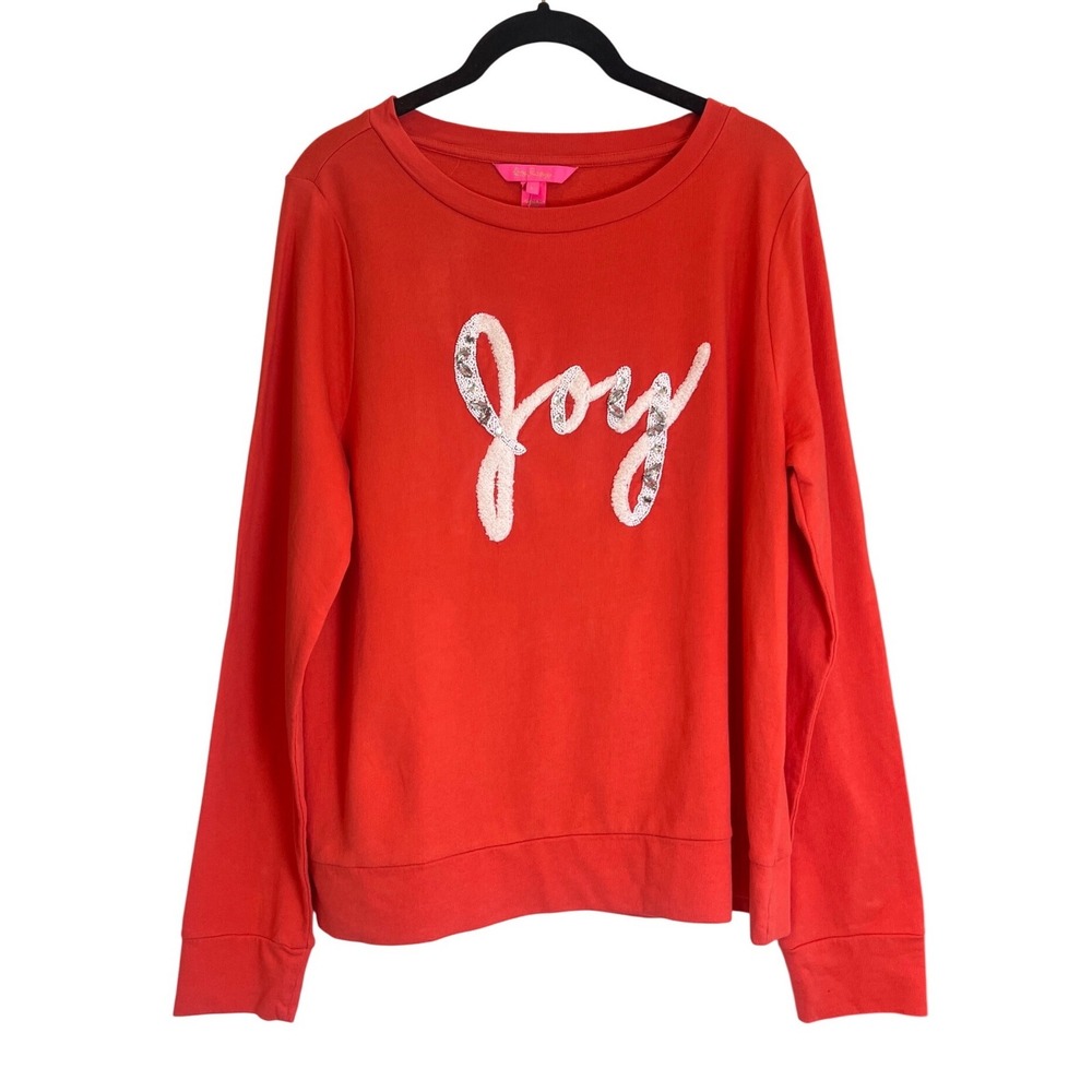 Lilly Pulitzer Sweatshirt Red Joy Graphic Sequin Boucle Pullover Large NEW